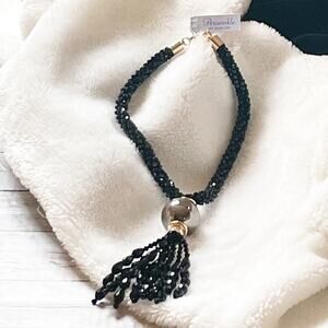 Periwinkle by Barlow Beaded Bauble Statement Necklace Black Silver Tassel New
